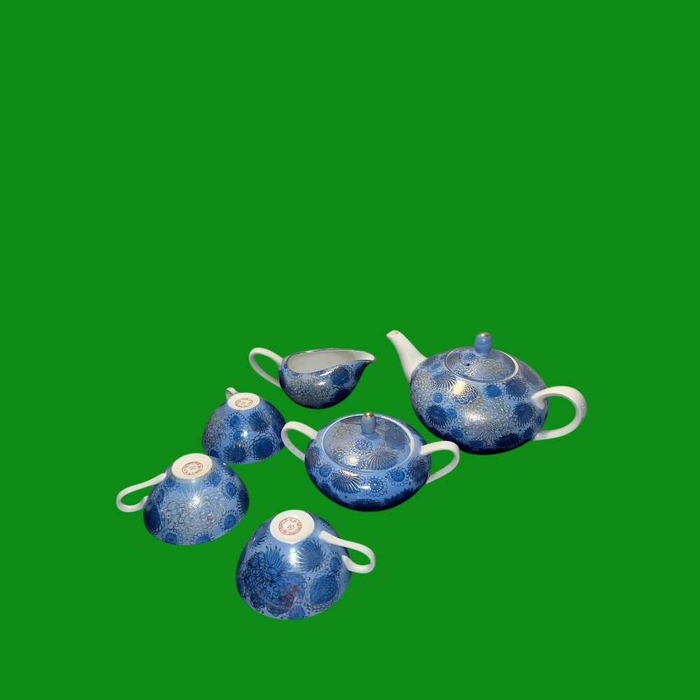 Japan Genuine Kutani blueGold Teapot Creamer Sugar Tea Set Chrysanthemum Peonies